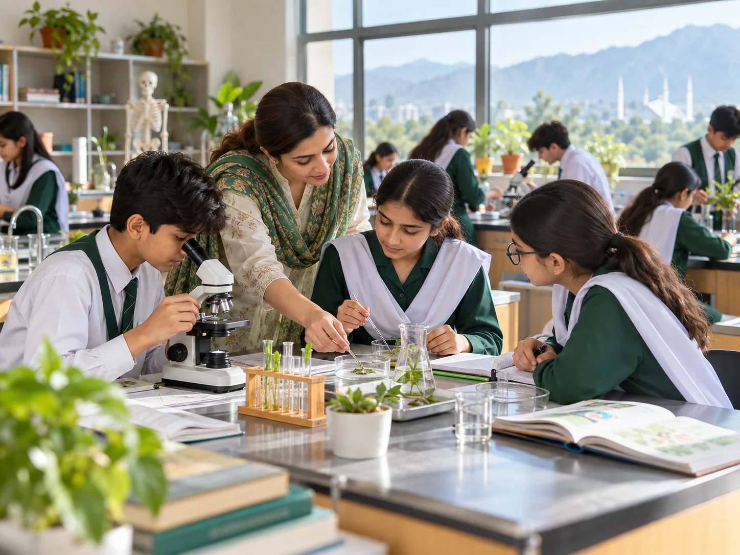 Students and a teacher learning together in a science classroom